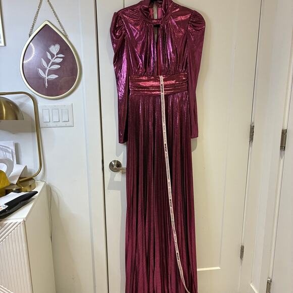 NWT Mac Duggal 30758 Rose Metallic Keyhole Long Sleeve Pleated Maxi Dress Sz XS - Picture 3 of 15